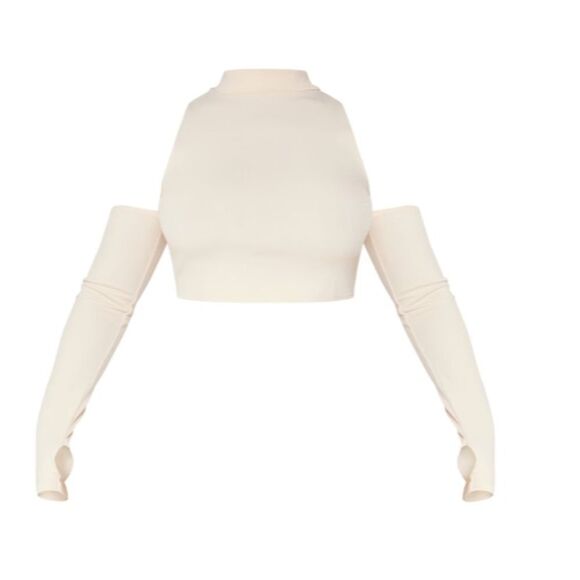 PrettyLittleThing Shape Stone Rib High Neck Bardot Sleeve Crop Top Tan 10 NWT - Picture 2 of 7